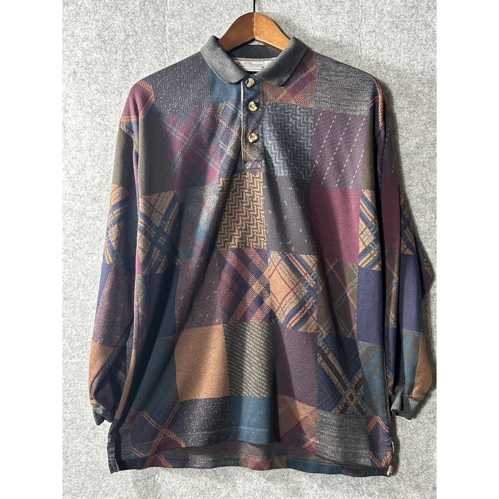Vintage 80s 90s Coogi Style Patchwork‎ Long Sleeve Polo Made In Hong Kong
